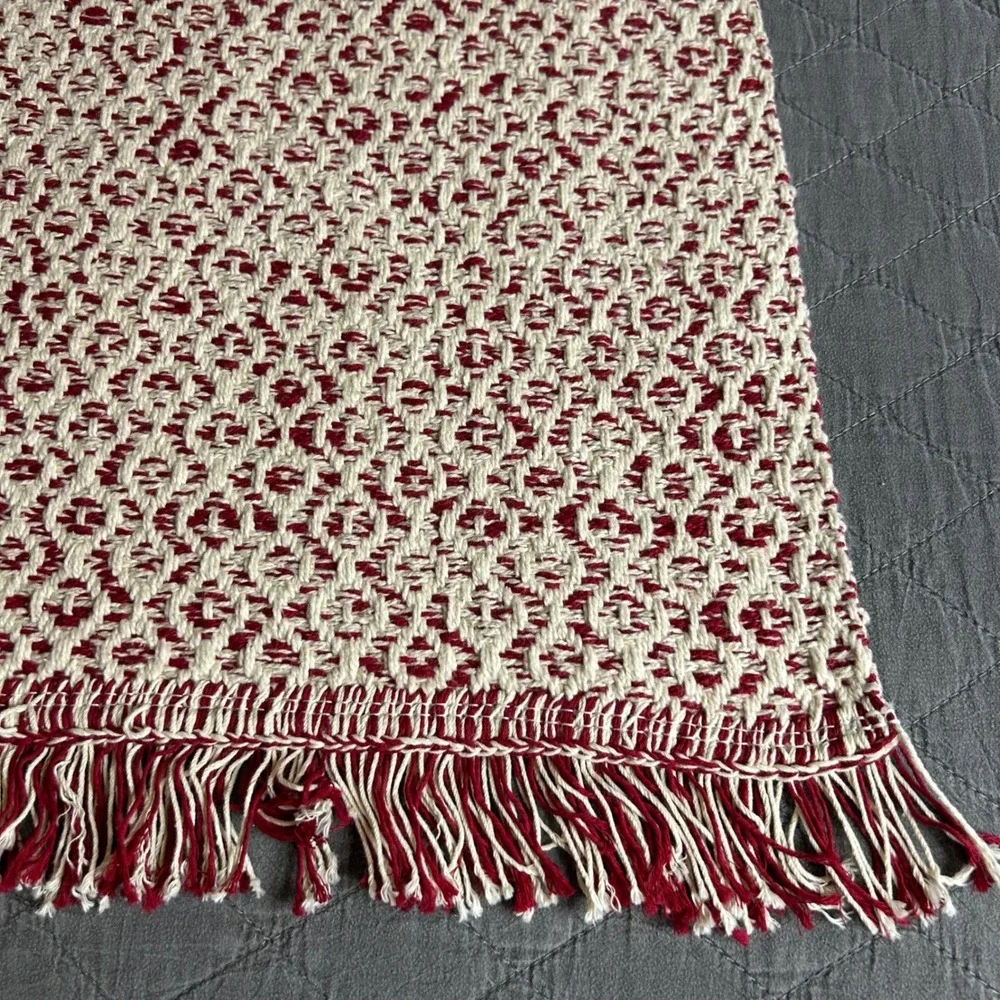 IKEA Rorkar Throw Blanket Rug 31x59 Cream Red Cotton‎ Diamond Pattern Fringe